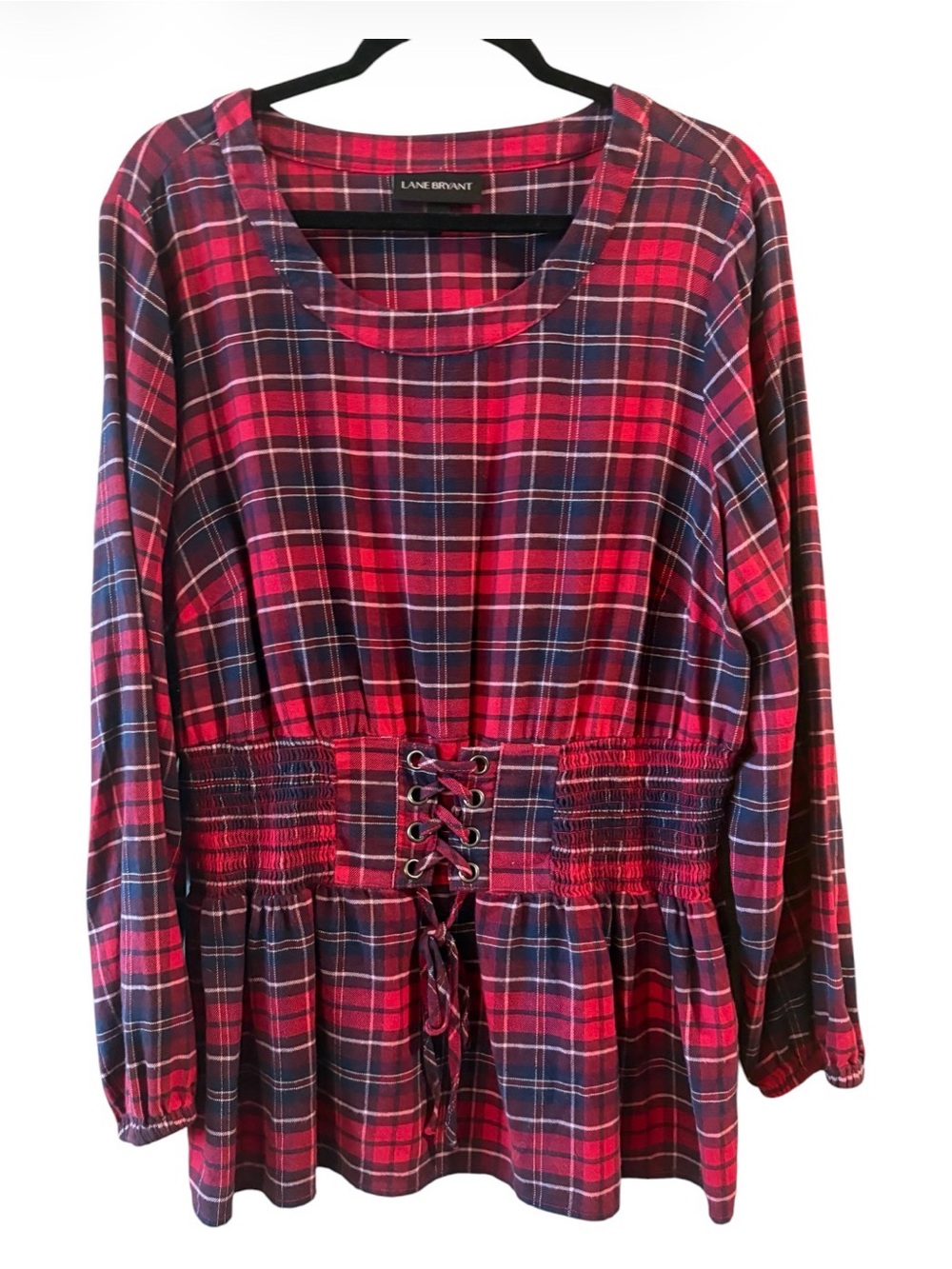 Lane Bryant Plaid Corset Waist Tunic Top Long Sleeve Red Navy Size 16
